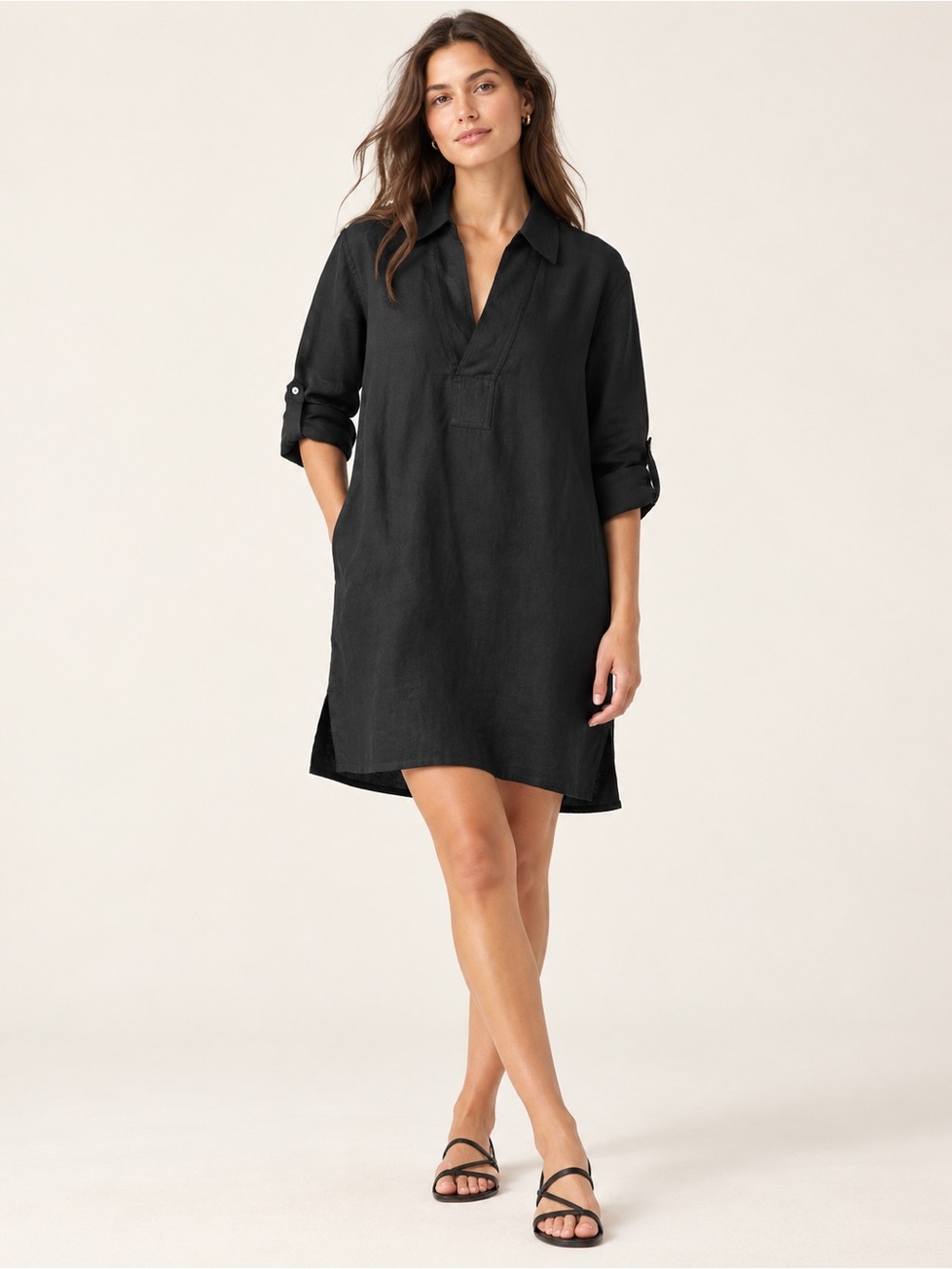 J.Crew Black 100% Linen Popover Mini Dress Size S